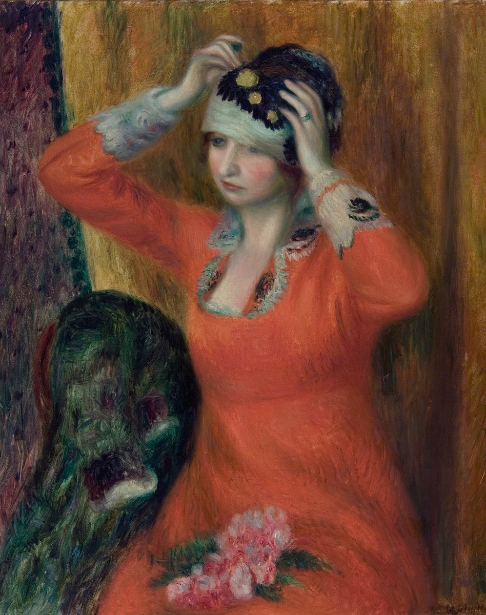 Meisje in Rode Jurk die Hoed Opzet door William James Glackens