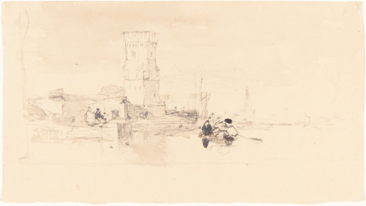 Toren met uitzicht op water door William James Muller