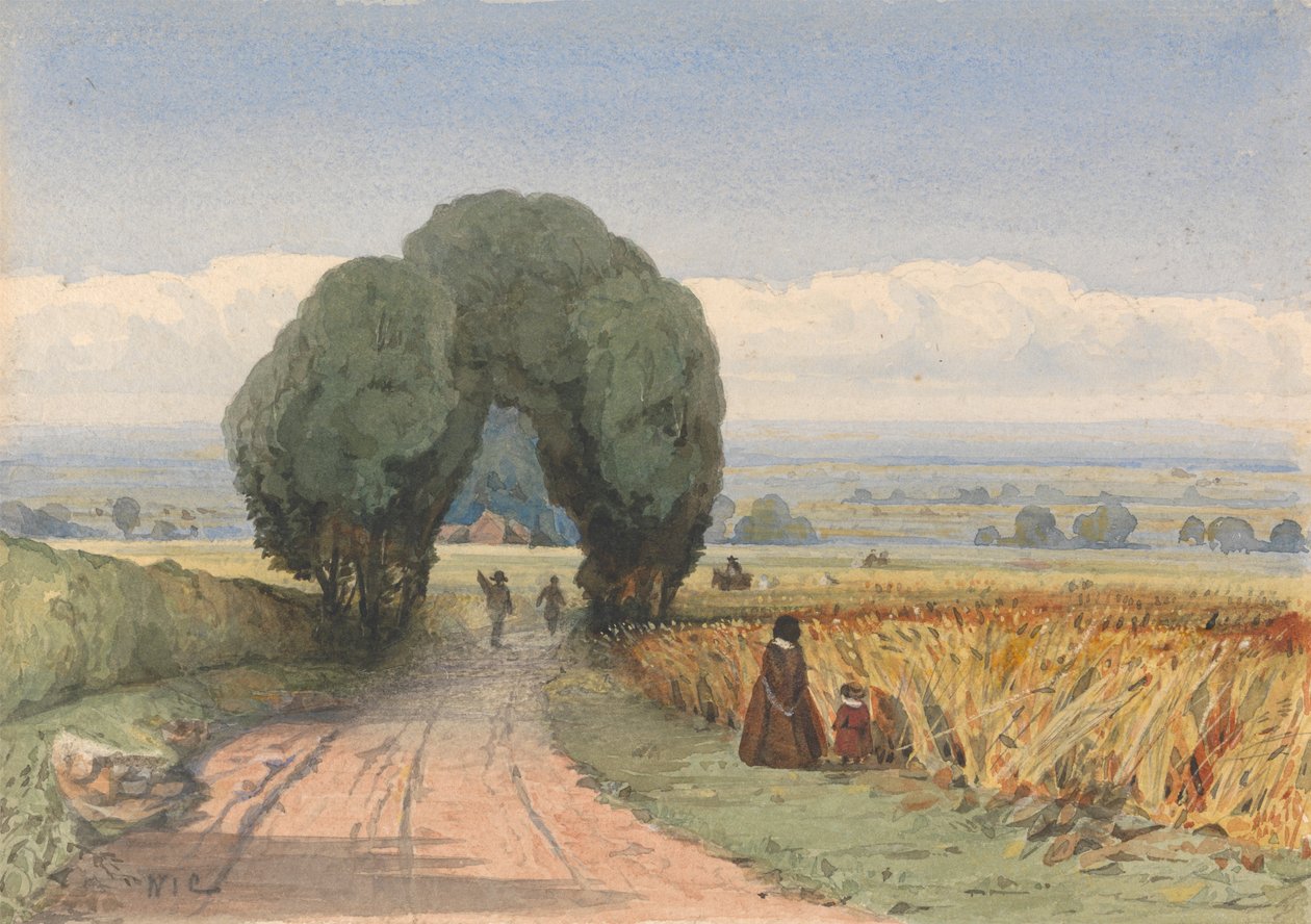 Gloucestershire - een vrouw en kind op een weg langs velden met rijp graan bij Moreton-in-Marsh door William John Chamberlayne
