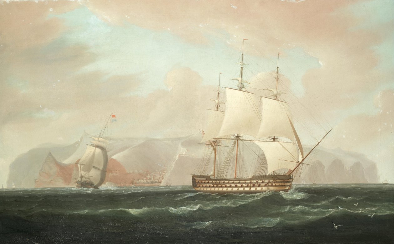 Een driedeks linieschip vaart weg van Jamestown, St. Helena, met haar escorterende fregat dat een afscheidsgroet afvuurt. door William John Huggins