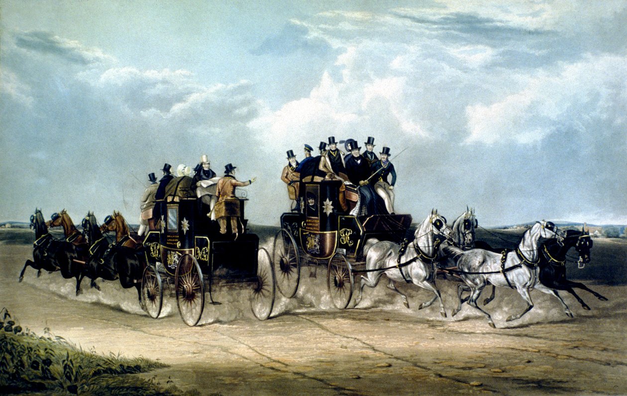 De Brighton Day Mails passeren Hockward Common, gegraveerd door Charles Hunt door William Joseph (after) Shayer
