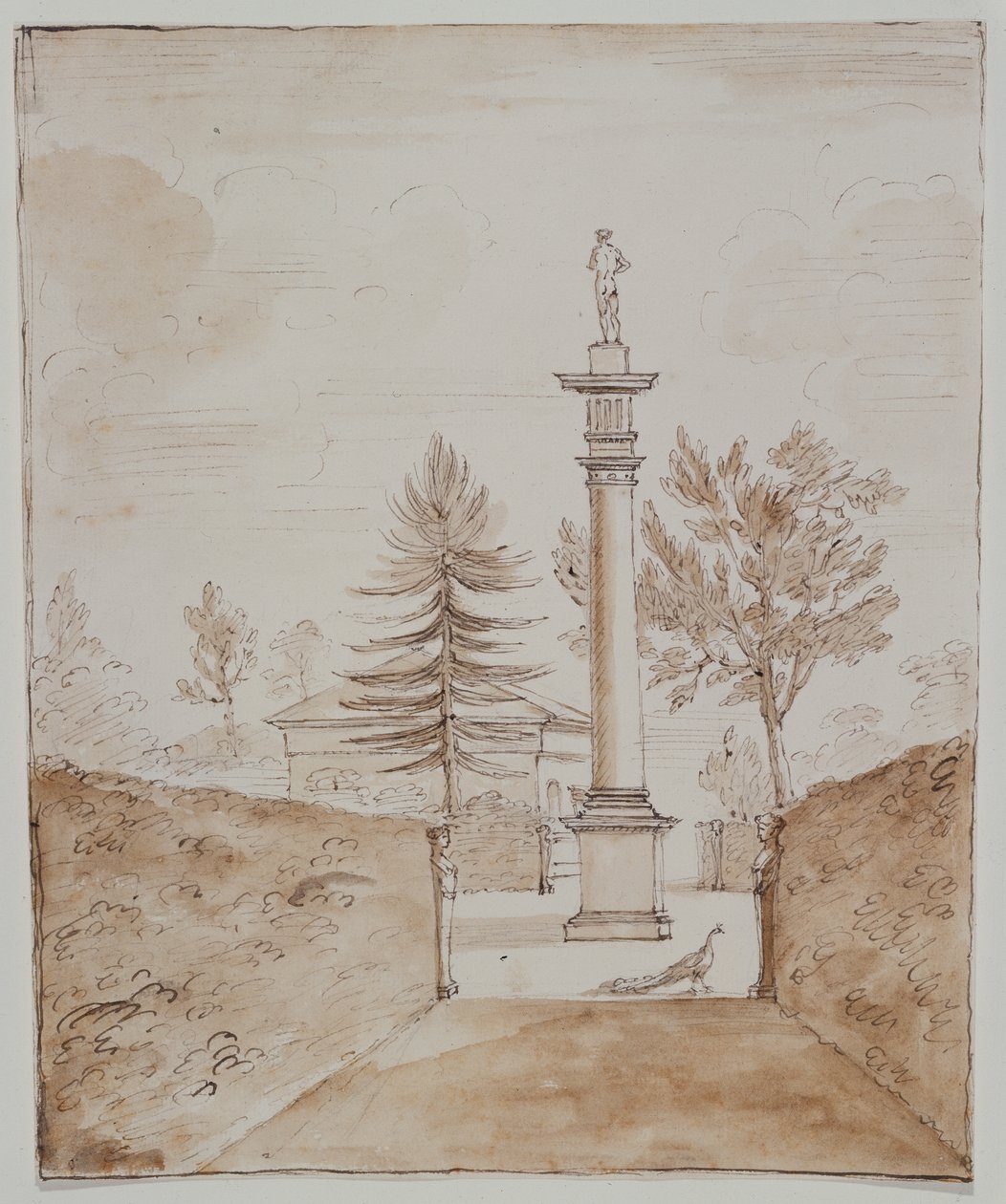 Chiswick, uitzicht op de Dorische zuil met Venus de Medici-beeld en een glimp van de zijkant van het hertenhuis door William Kent