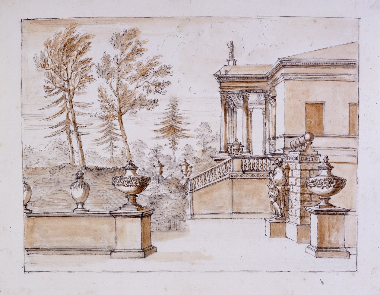 Chiswick, uitzicht op de villa aan de kant van het standbeeld van Inigo Jones door William Kent