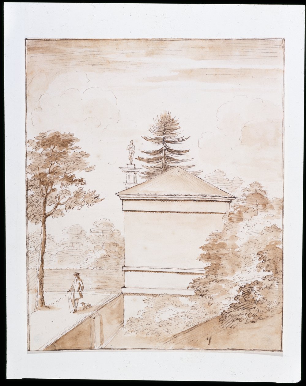 Chiswick, uitzicht op de zijkant van het Hert Huis genomen vanaf de binnenste oever van de ha-ha van het hertenverblijf en met een glimp van de Dorische Kolom (pen & was op papier) door William Kent