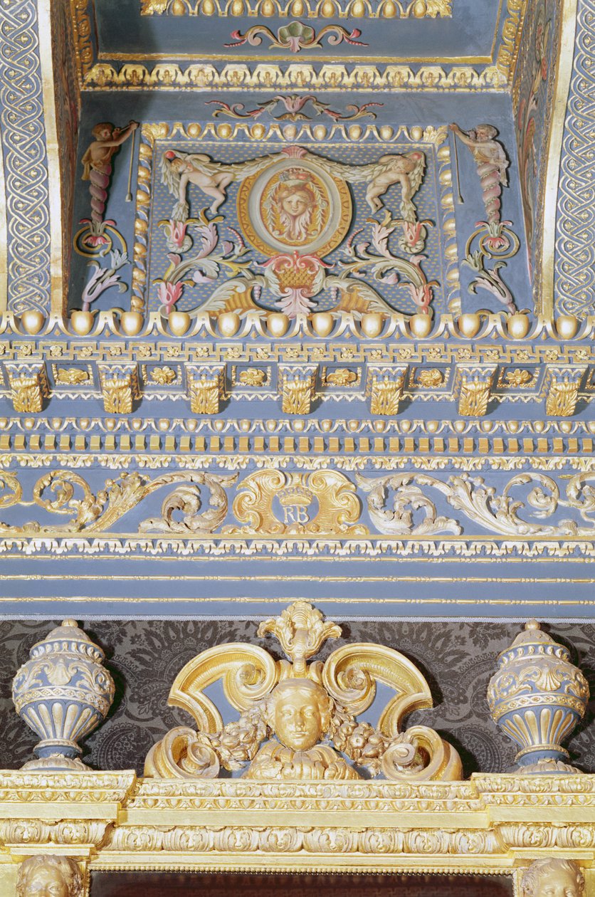 Detail van het plafond in de Blauwe Fluwelen Kamer door William Kent