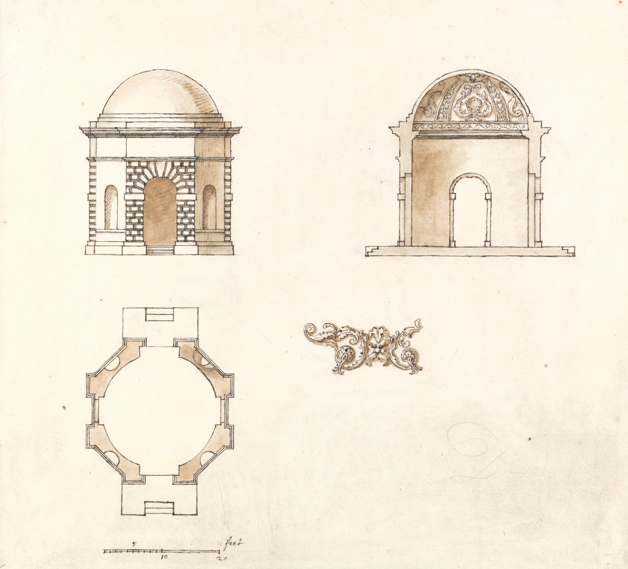 Achthoekige Tempel in Shotover Park, Oxfordshire: Plan, Sectie en Verhoging door William Kent
