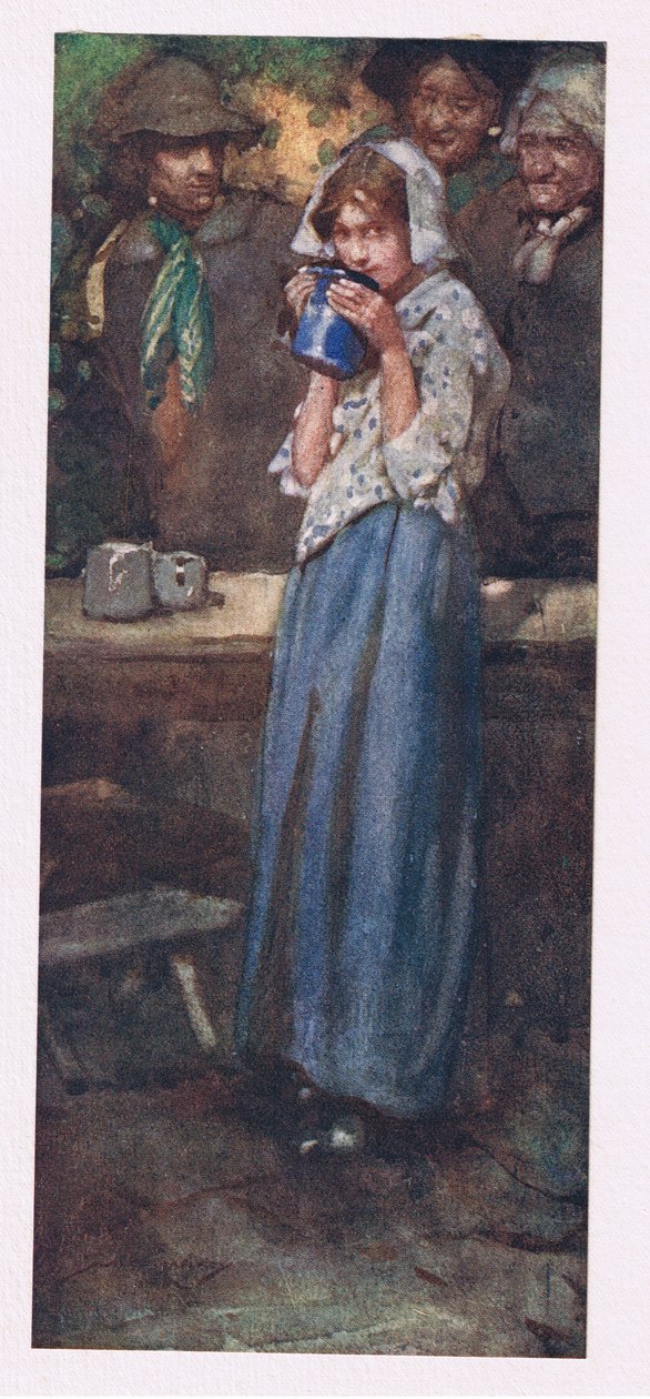 Noch het verlegen meisje, half bereid om te worden gedrukt, zal de beker kussen om hem te laten rusten (kleur litho) door William Lee Hankey