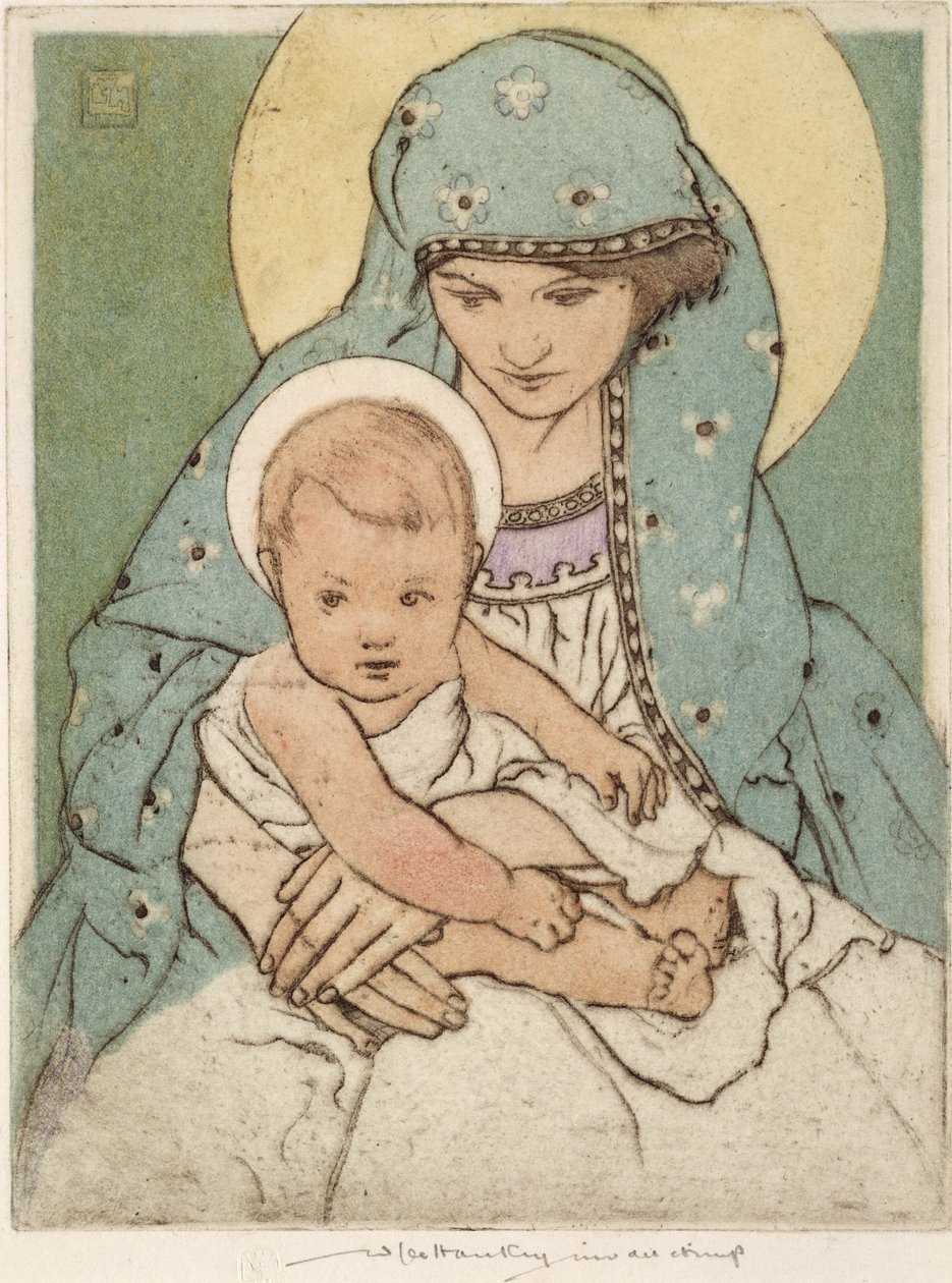 Maagd Maria met het Christuskind (handgekleurde droge naald) door William Lee Hankey