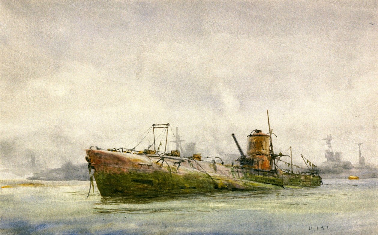 Een overgegeven en gestrand onderzeeër, Portsmouth door William Lionel Wyllie