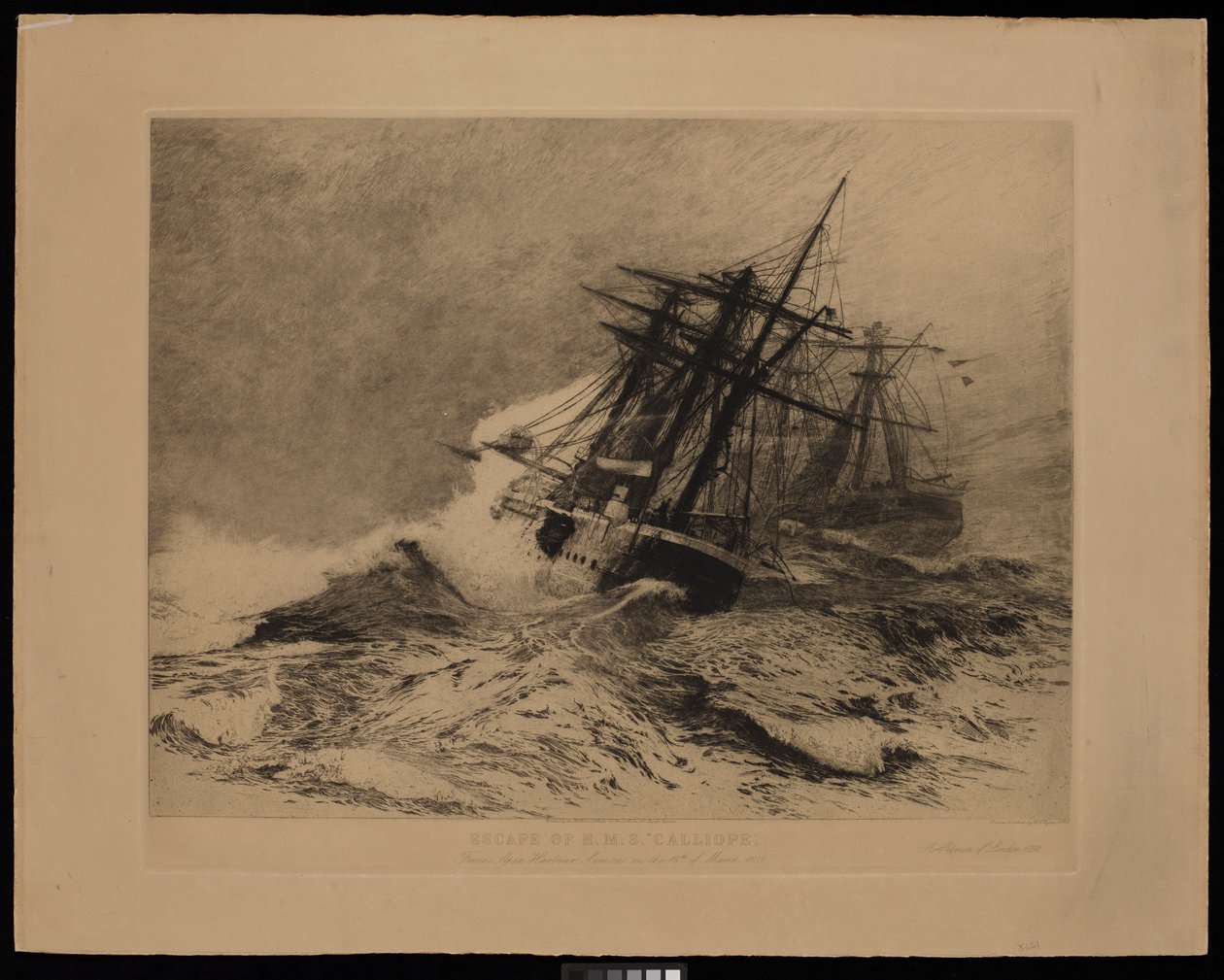 Ontsnapping van H.M.S. Calliope uit de haven van Apia, Samoa, op 16 maart 1889 door William Lionel Wyllie