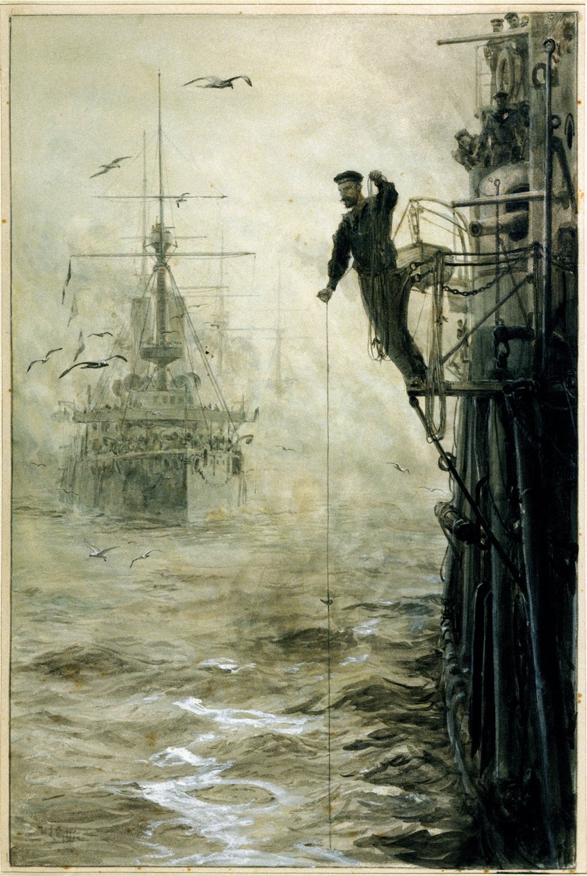 Vind je weg door de mist, met een zeeman die balanceert op de landingsbaan, een peillood vasthoudend, op de voorgrond om de diepte van het water te meten door William Lionel Wyllie