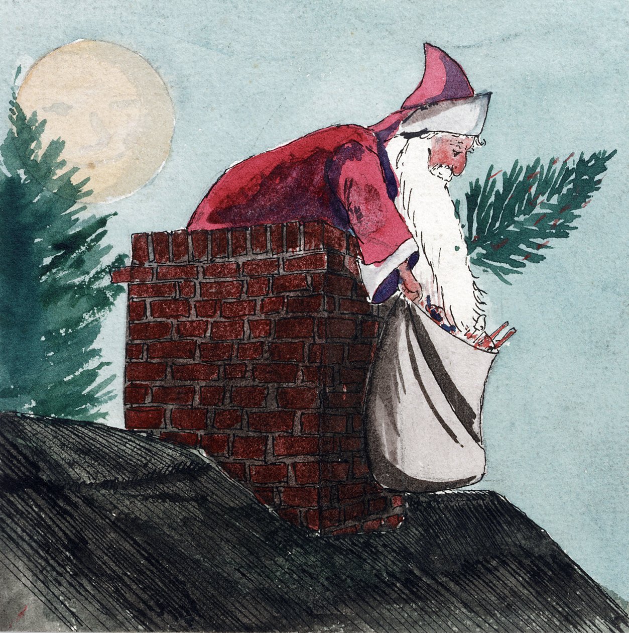 Kerstman komt door een schoorsteen met een zak vol speelgoed en een kerstboom door William Lionel Wyllie