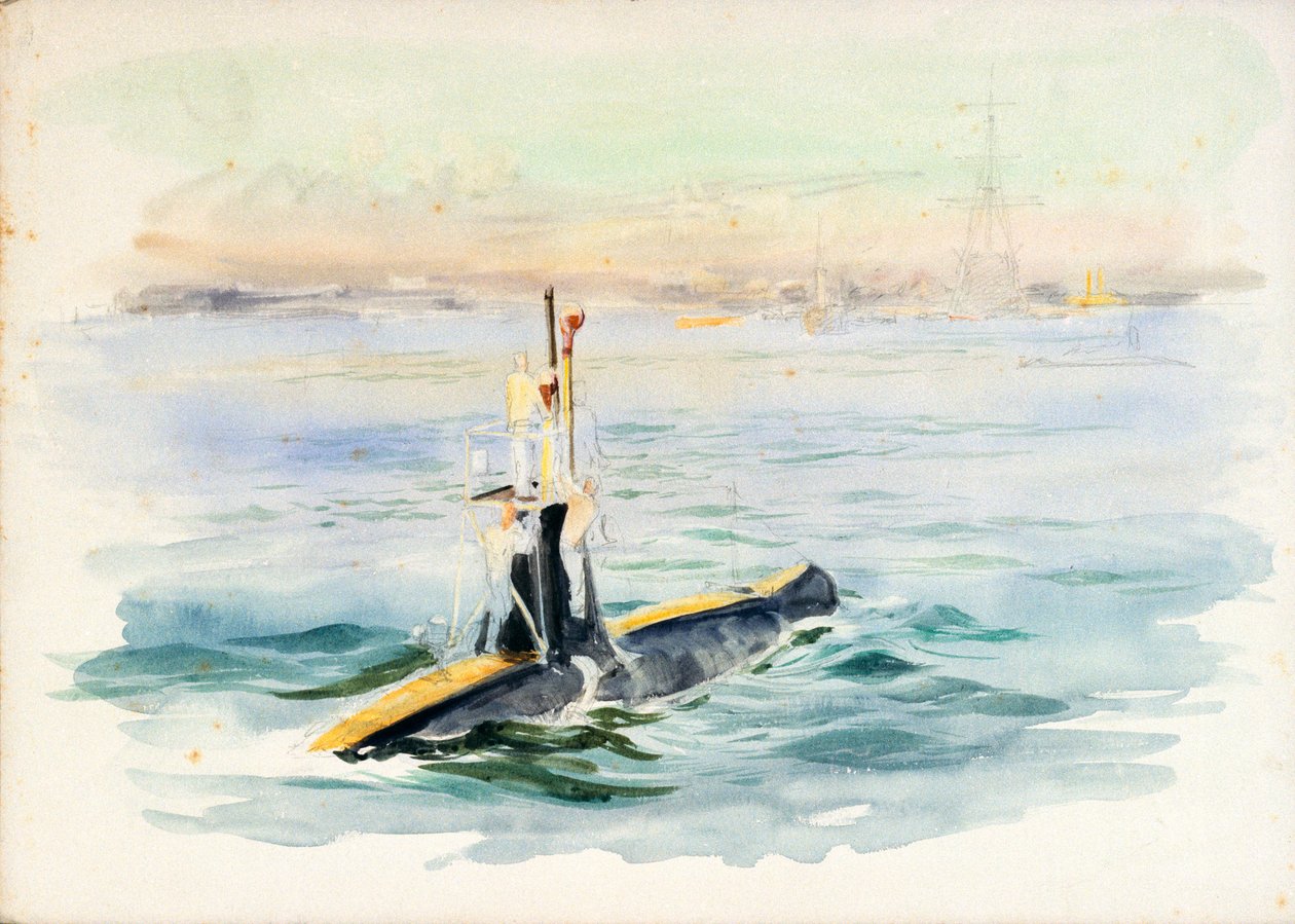 Studie van een A-klasse onderzeeër in beweging, mogelijk in de haven van Portsmouth, begin 20e eeuw door William Lionel Wyllie