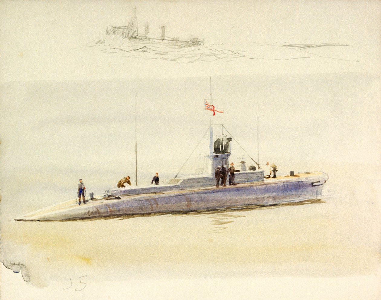 Onderzeeër J.5 en ruwe schets van een ander gevechtsschip, begin 20e eeuw door William Lionel Wyllie