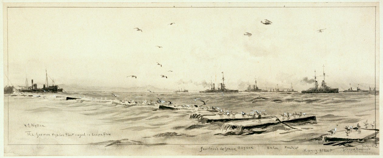 De Duitse Hoogzeevloot opgesloten in Scapa, ca. 1918 door William Lionel Wyllie