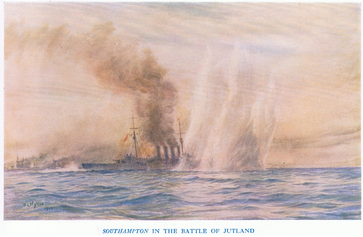 De Southampton in de Slag bij Jutland, uit Cassells History of the British People gepubliceerd door de Waverley Book Company Limited, ca. 1940 door William Lionel Wyllie