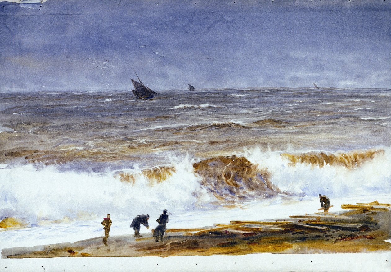 Het strand van Berck-sur-Mer (Frankrijk), met woelige zee en personages op het strand door William Lionel Wyllie