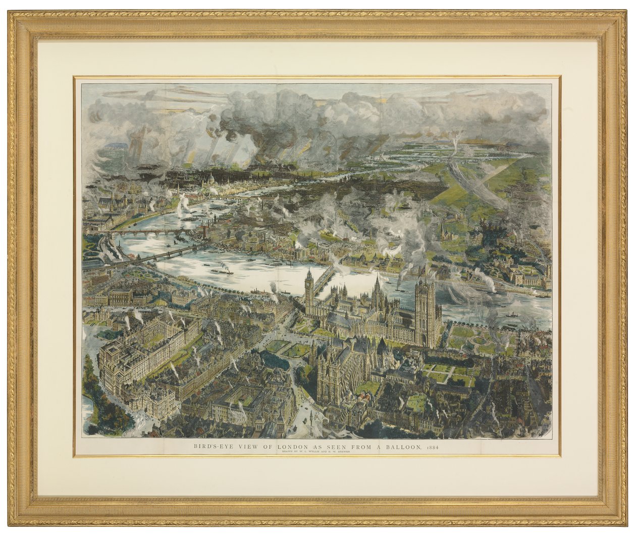 Vogelvlucht van Londen gezien vanuit een ballon door William Lionel and Brewer Henry William (fl.1858 d.1903) Wyllie