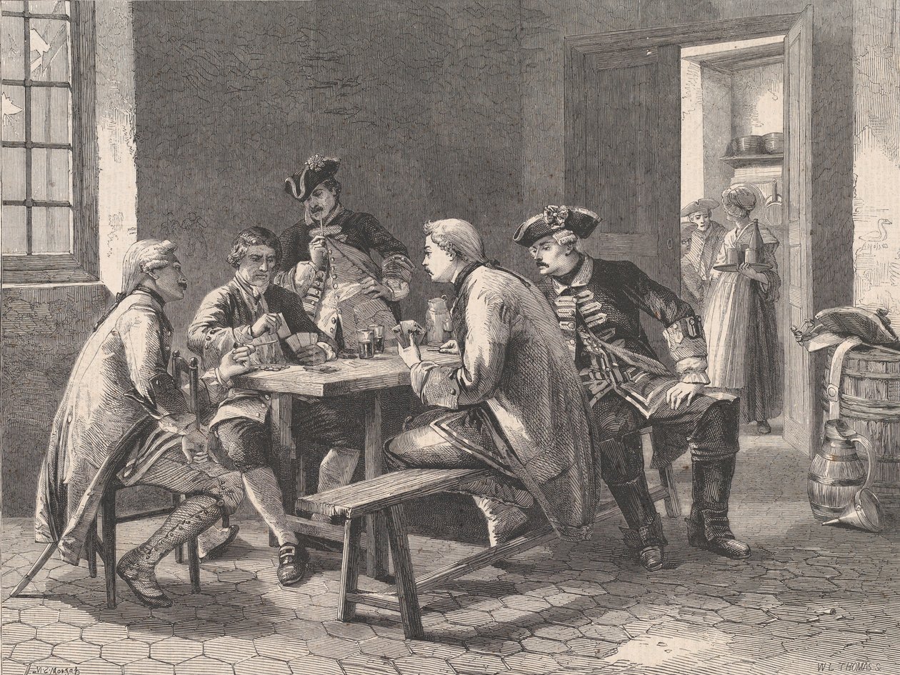 Soldaten die kaarten spelen, uit Illustrated London News, 4 mei 1861 door William Luson Thomas