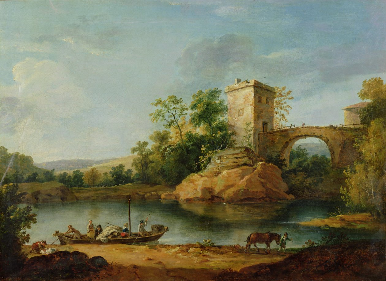 Een bebost Italiaans rivierlandschap met boeren in een schuit en een brug op de achtergrond, ca. 1770 door William Marlow