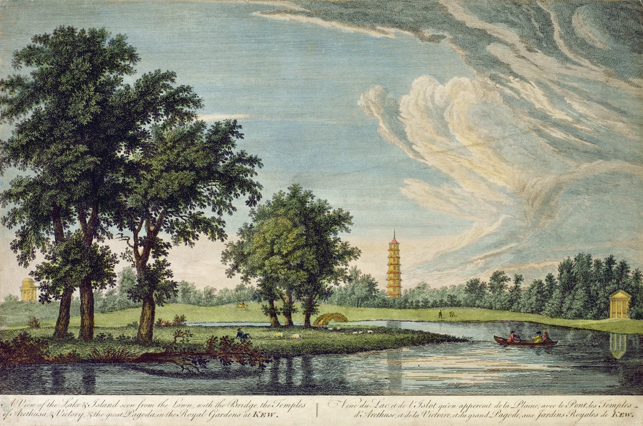 Kew, een uitzicht op het meer en het eiland gezien vanaf het gazon, met de brug, de tempels van Arethusa en Victory en de grote pagode in de Koninklijke Tuinen van Kew door William Marlow