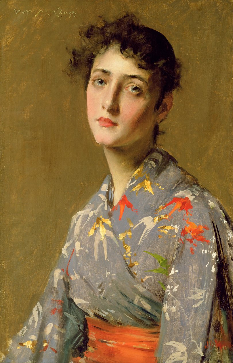 Meisje in Japanse Kostuum door William Merritt Chase