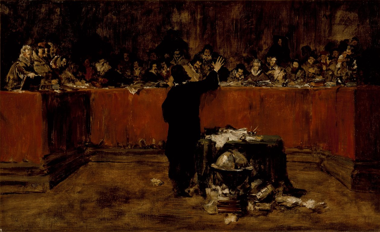 Schets voor een schilderij - Columbus voor de raad van Salamanca (B) (Christoffel Columbus voor de Spaanse raad) door William Merritt Chase