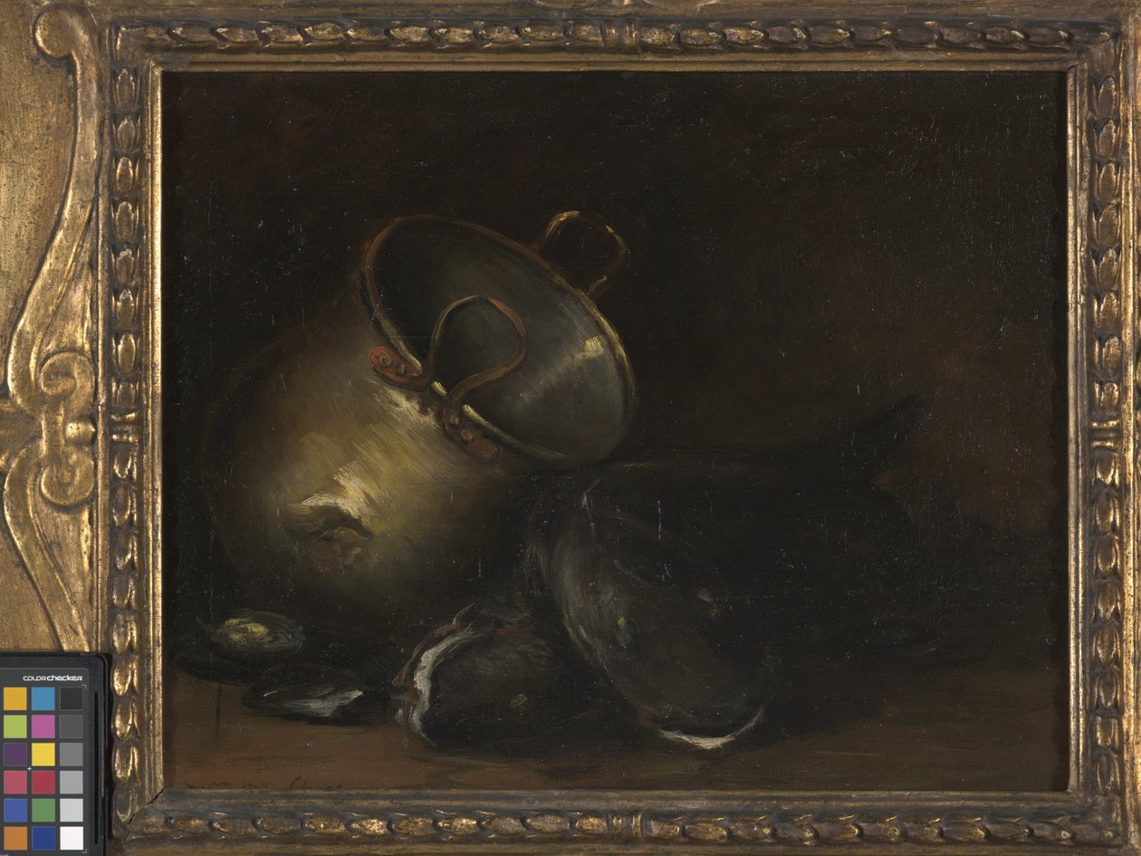 Stilleven - Koperen ketel en meerval door William Merritt Chase