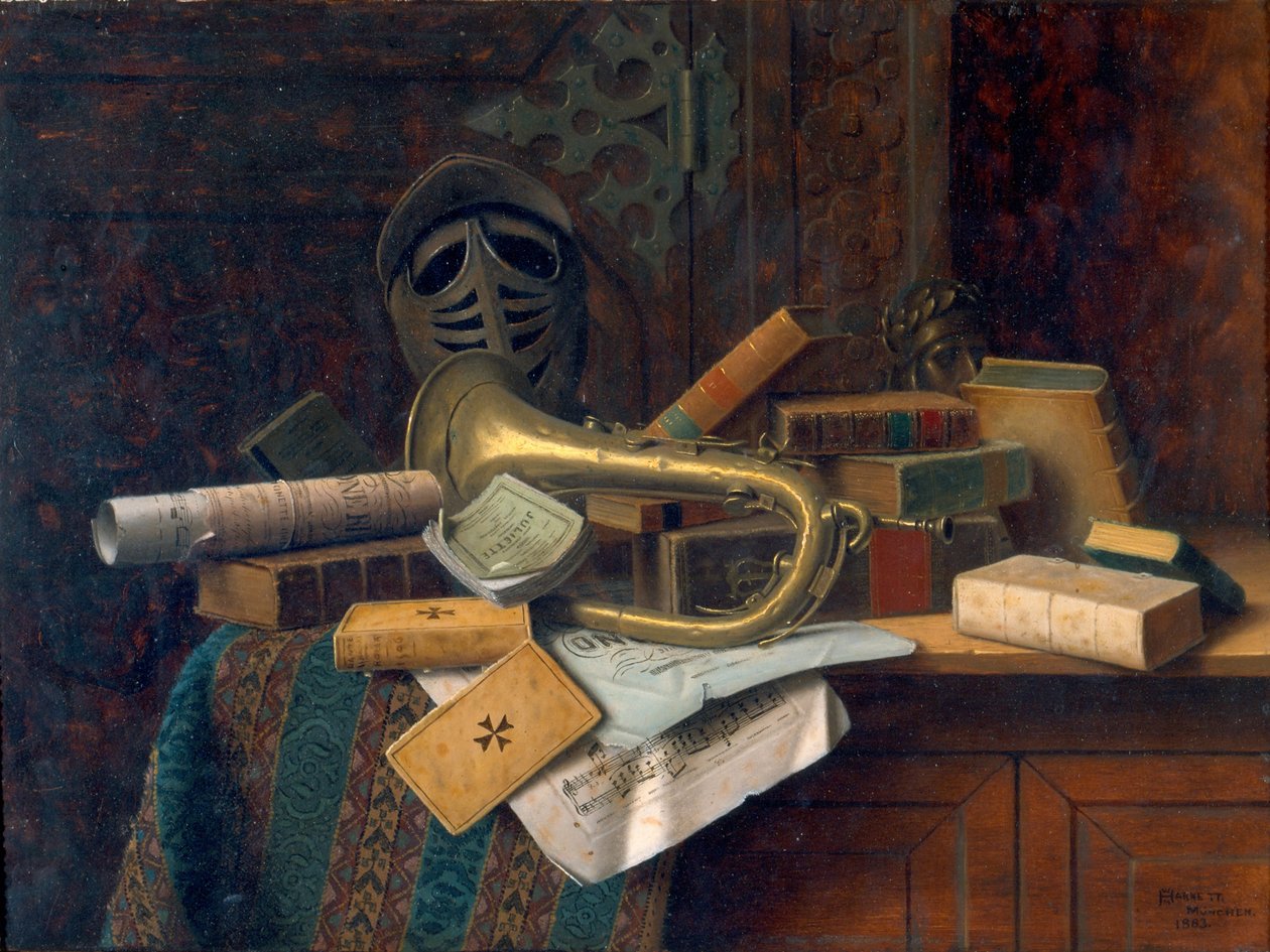 Stilleven met buste van Dante (1883) door William Michael Harnett