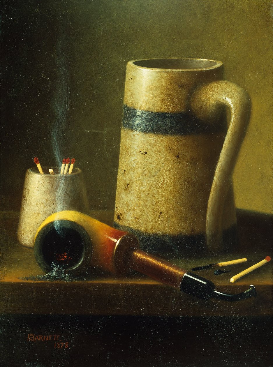 Stilleven met pijp, mok en lucifers door William Michael Harnett
