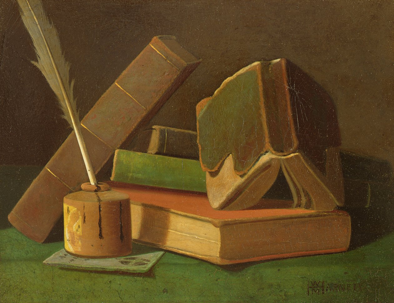 Stilleven met boeken en inktpot door William Michael Harnett