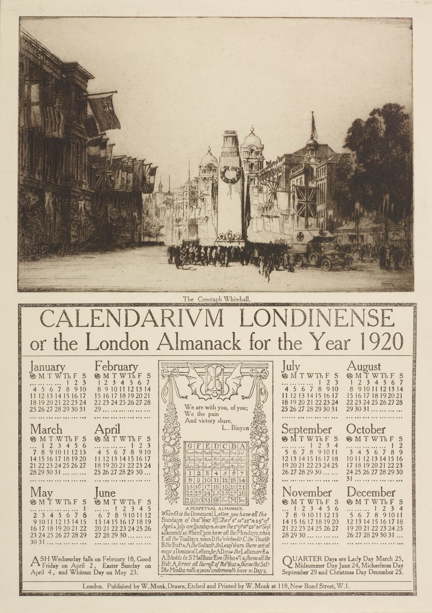 Calendarium Londinense, of de London Almanack voor 1920, bekroond door een uitzicht op het Cenotaaf, Whitehall, 1919 door William Monk