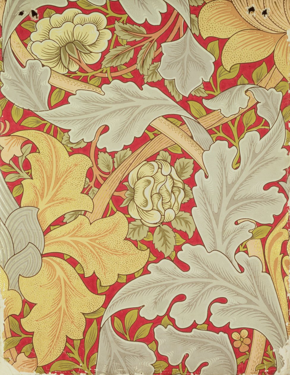 Acanthusbladeren en wilde roos op een karmozijnrode achtergrond, behangontwerp door William Morris