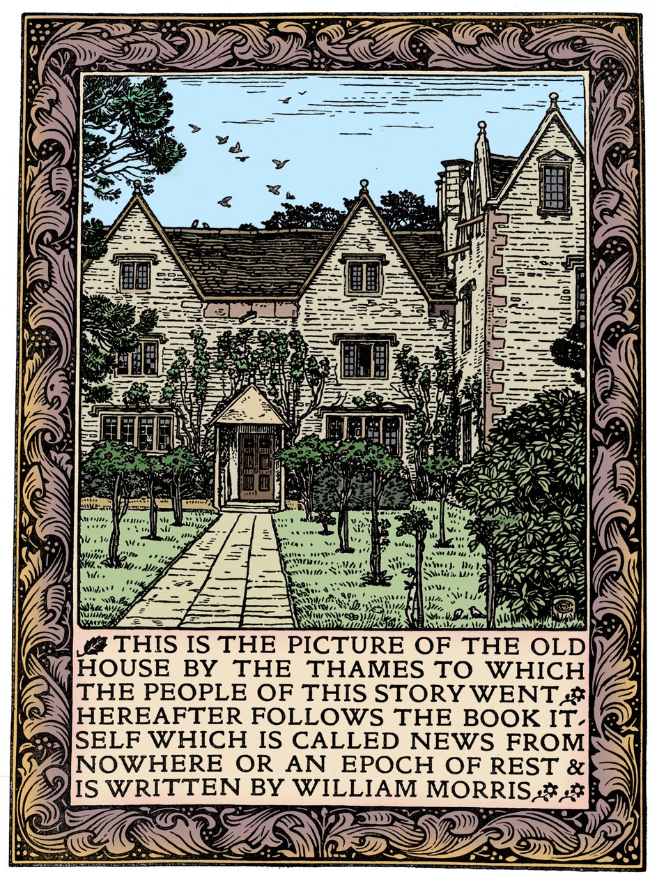 Kelmscott Manor, Gloucestershire, frontispice voor News from Nowhere, ca. 1892 door William Morris
