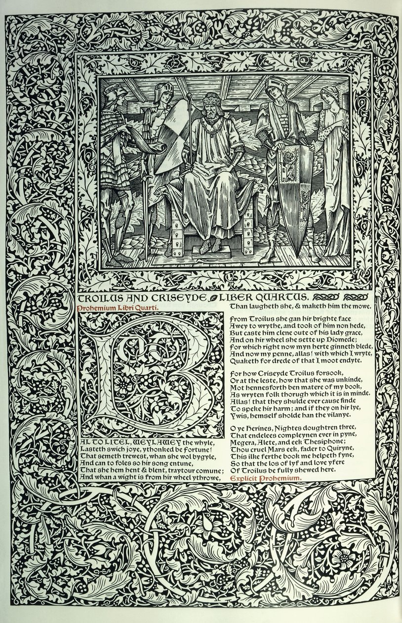 Scène uit "Troilus en Criseyde", gehistorieerde initiaal "B", manuscript met volledige paginaborder, 1896 door William Morris