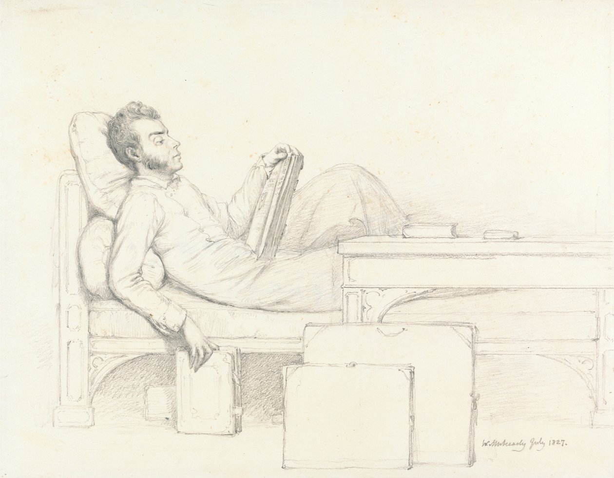Zelfportret van de kunstenaar liggend op een gotische bank, een boek lezend door William Mulready