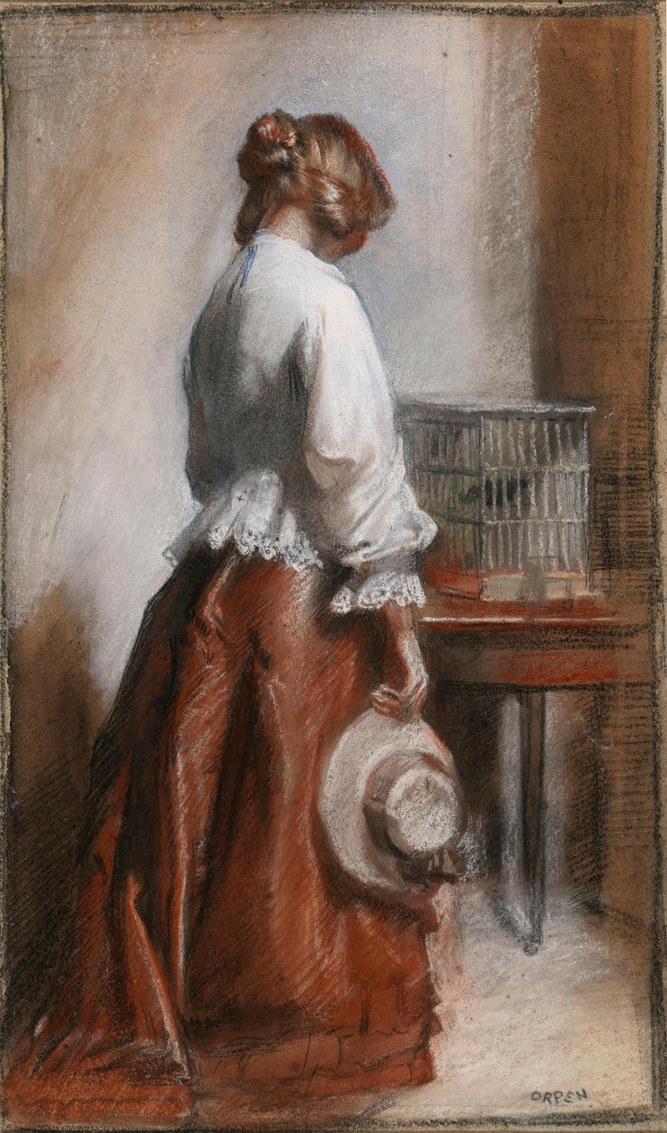 Dame met een vogelkooi door William Orpen