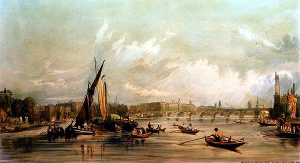 Waterloo Brug vanuit het Westen met een Bootrace (litho) door William Parrott