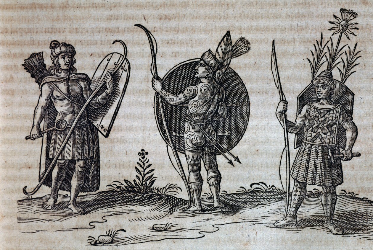 Typen Franse Canadese Indianen, illustratie uit Beschrijving van Nouvelle-France door Nicolas Toussaint Charlet