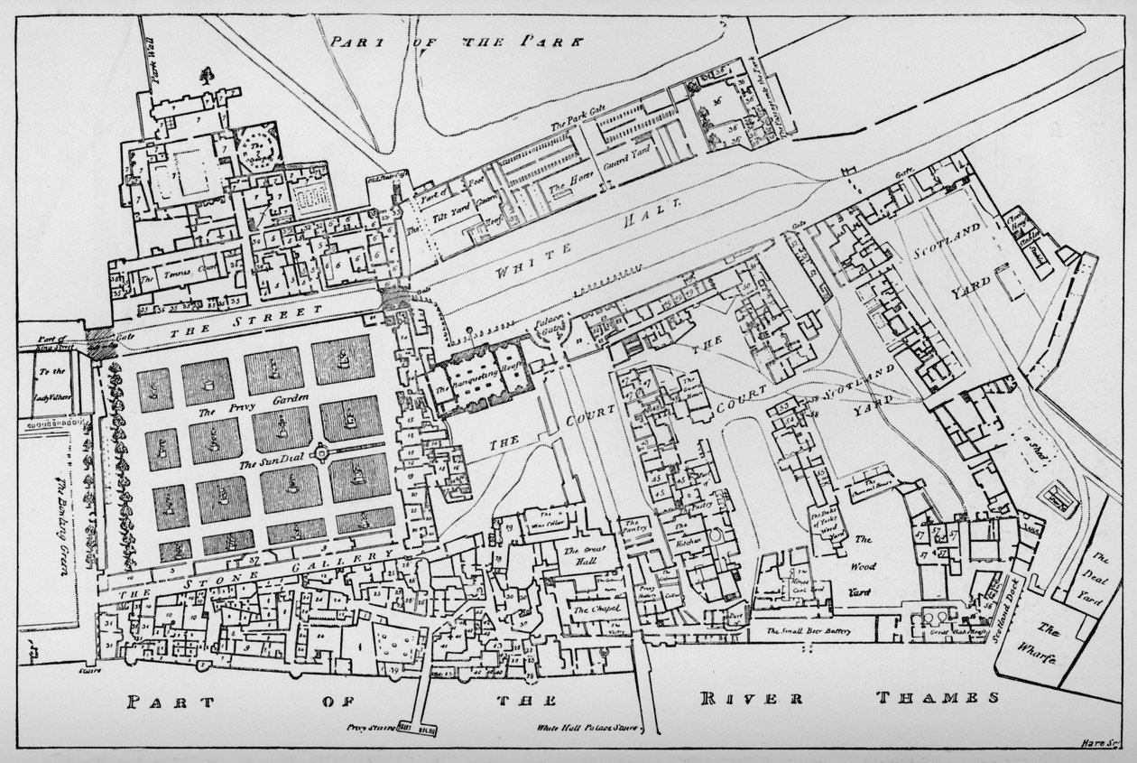 Een verkleinde kopie van Fishers grondplan van het Koninklijk Paleis van Whitehall, genomen in het bewind van Char door William Patten