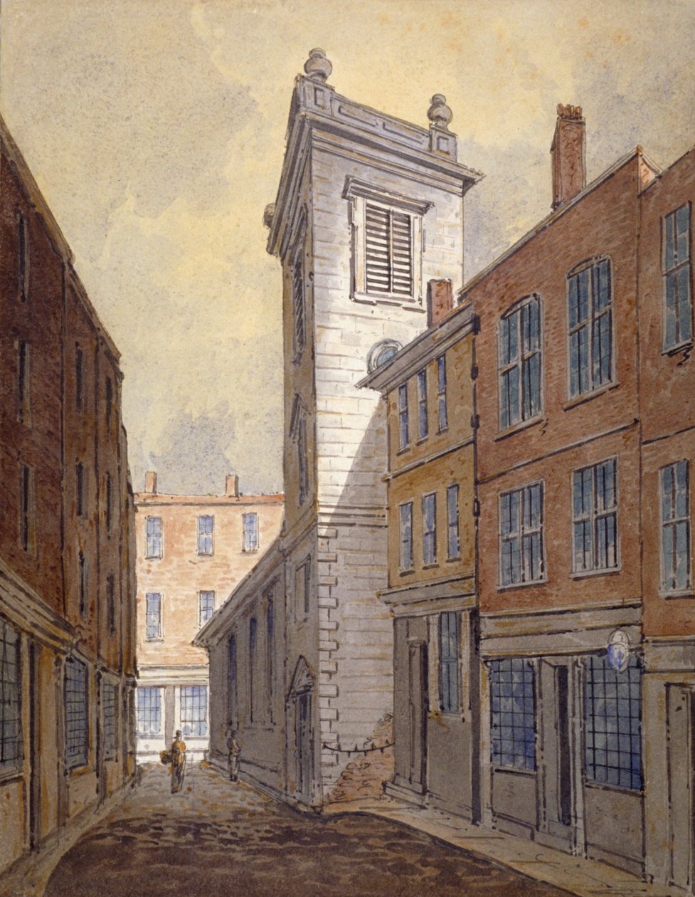 Kerk van St George Botolph Lane vanaf George Lane, City of London, ca. 1813 door William Pearson