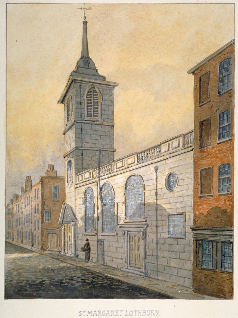 Zuidoostelijk uitzicht op de kerk van St Margaret Lothbury, City of London, 1815 door William Pearson