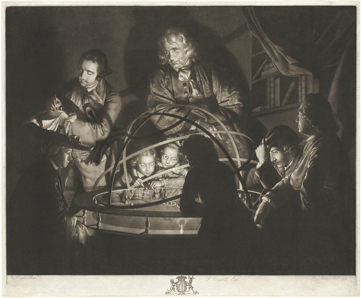 Een filosoof geeft een lezing over de planetarium door William Pether after Joseph Wright