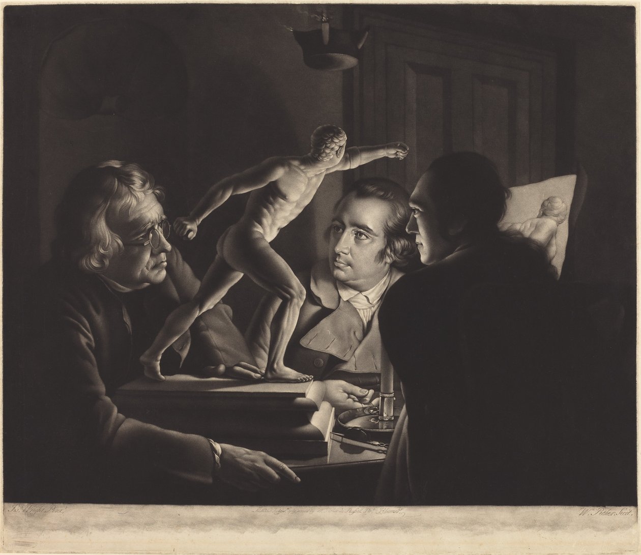 Drie Personen die de Gladiator bij Kaarslicht Bekijken door William Pether after Joseph Wright