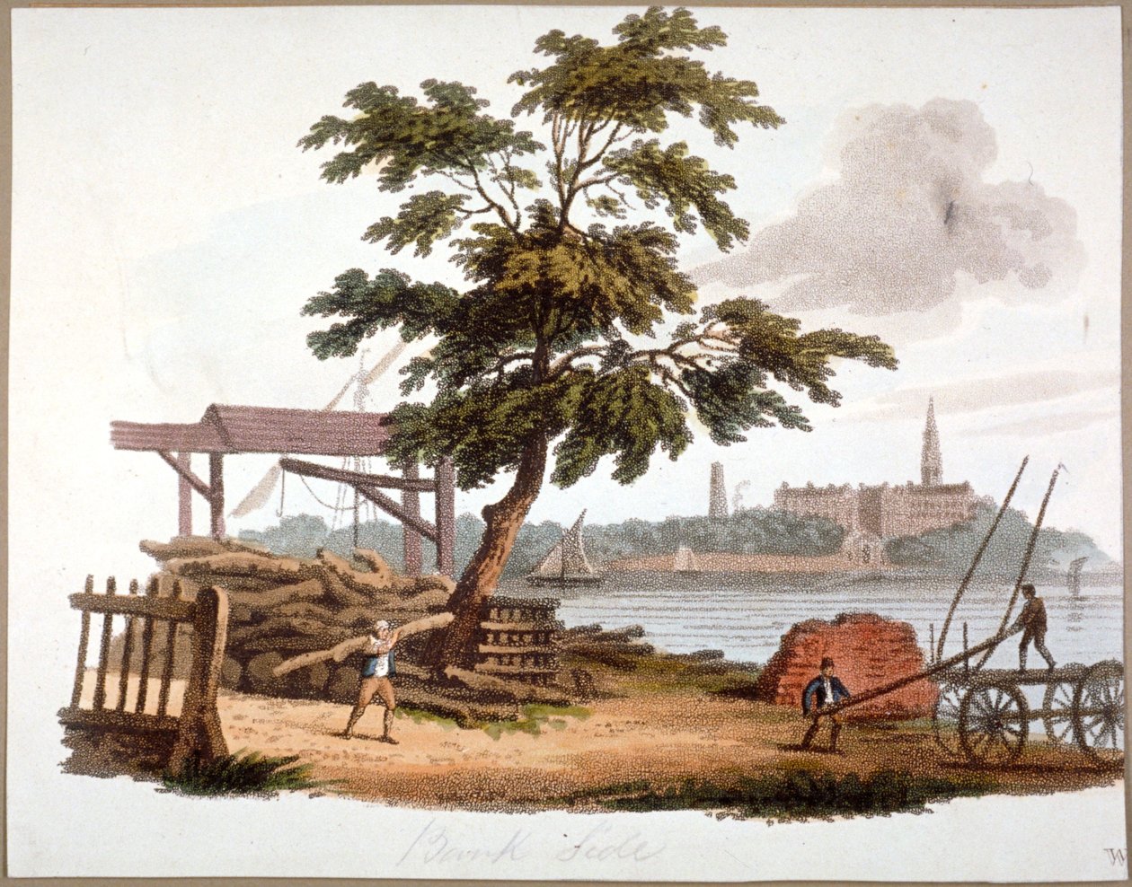 Mannen die hout verplaatsen bij Bankside, Southwark, Londen, ca. 1810 door William Pickett