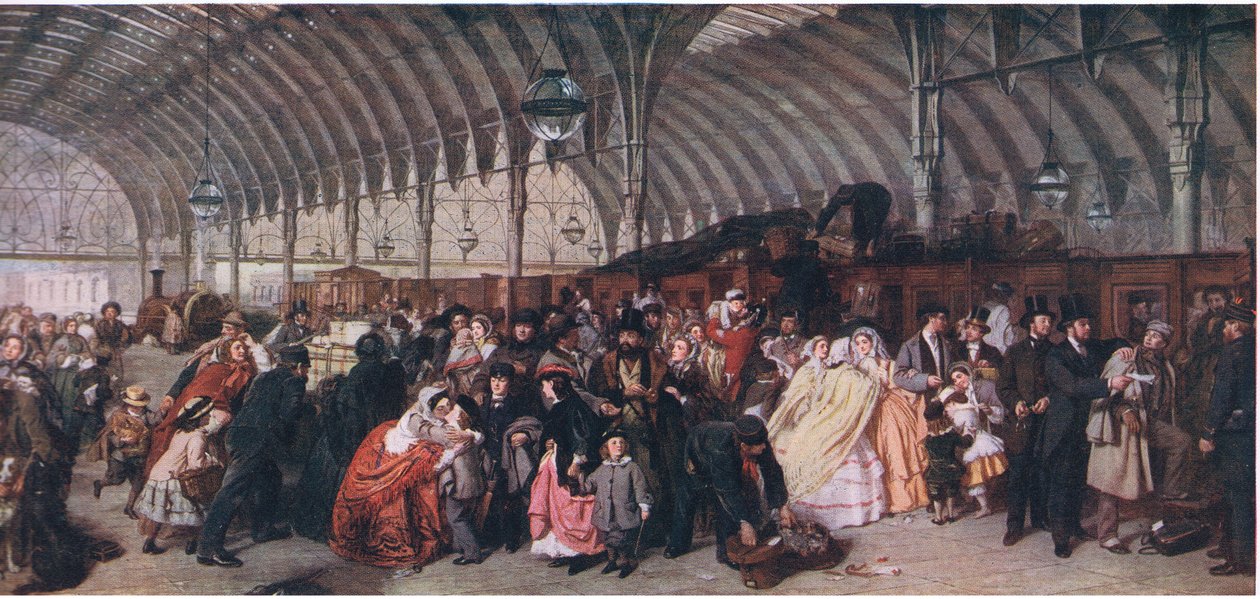 Het treinstation, uit Cassells History of the British People gepubliceerd door de Waverley Book Company Limited, ca. 1940 door William Powell Frith