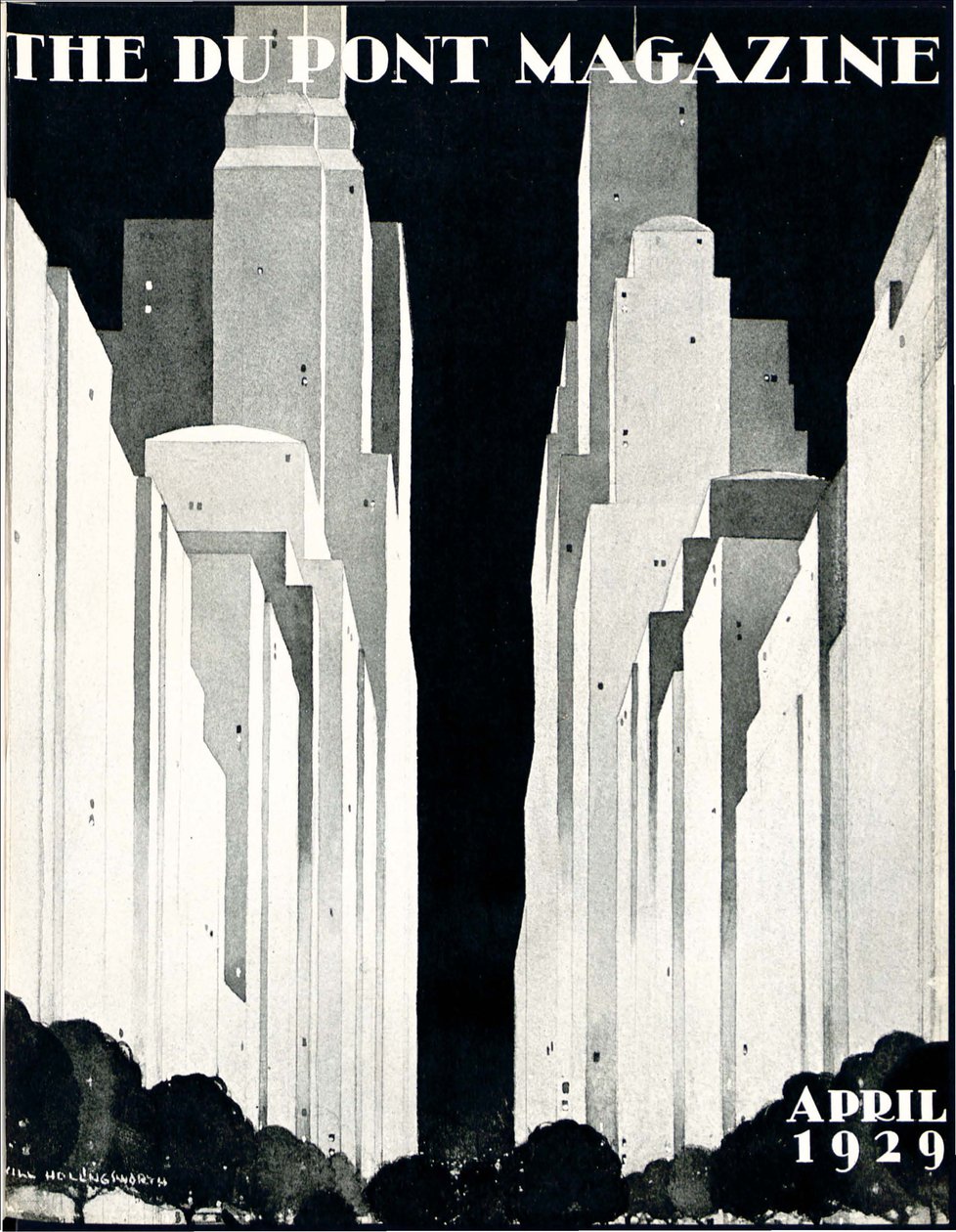 Wolkenkrabbers, voorpagina van het DuPont Magazine, april 1929 door William R. Jr. Hollingsworth