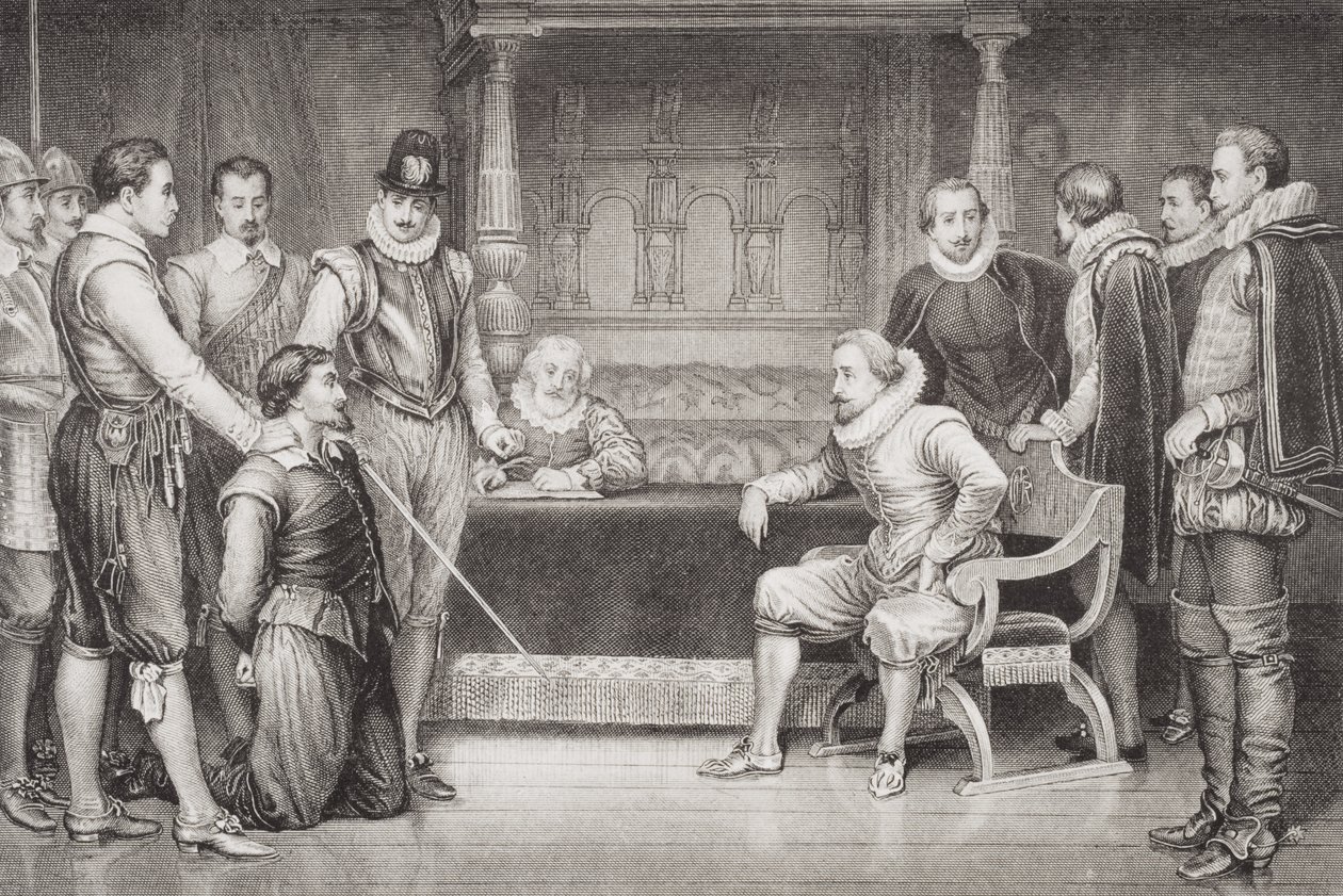 Guy Fawkes ondervraagd door James I en zijn raad in de slaapkamer van de koning, uit 