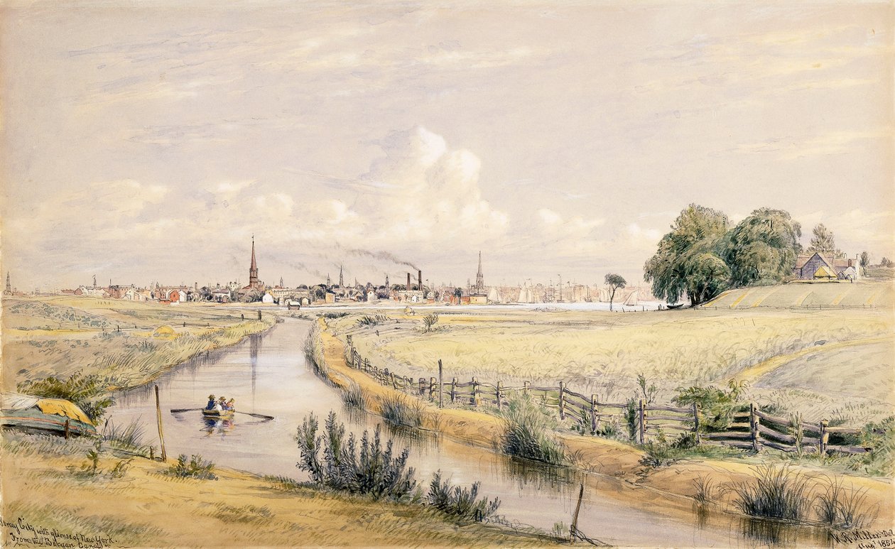 Jersey City met een Glimp van New York Vanaf het Bergen Kanaal, 1854 door William Rickarby Miller