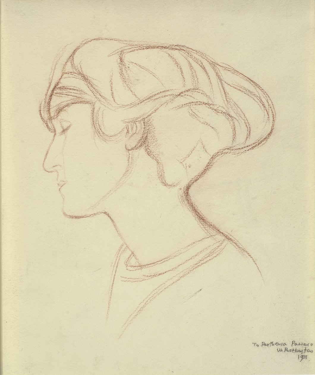 Hoofd van een vrouw (Parthenia Passano?) in profiel naar links door William Rothenstein